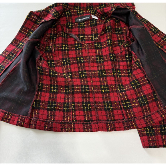Vintage Sag Harbor Blazer Jacket Size 6 Petite Red Nubby Plaid Fringe Collar - Picture 8 of 9